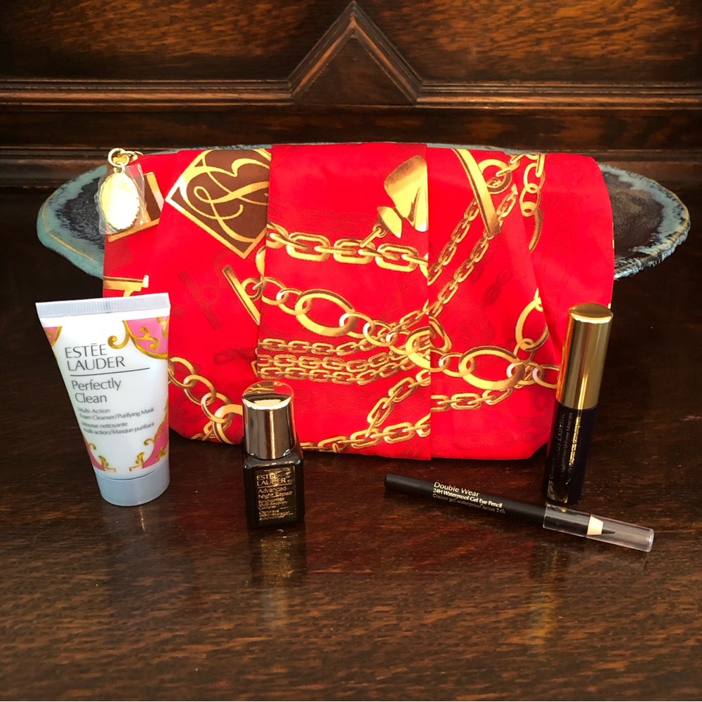 Estee’ Lauder Red & Gold Zip-Up Cosmetic Bag with 4️⃣ Makeup Products - NEW!
